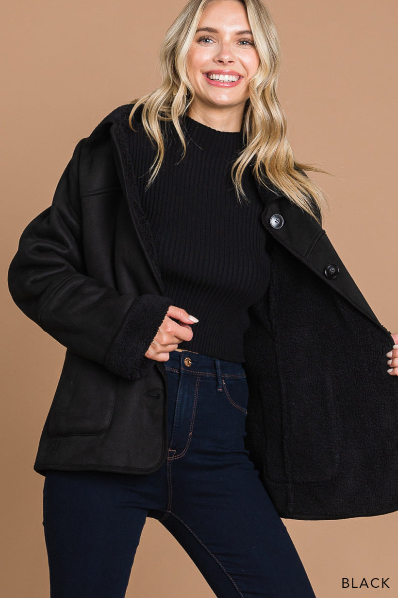 Whispering Pine | Faux Suede Jacket with Fur Lining | Black