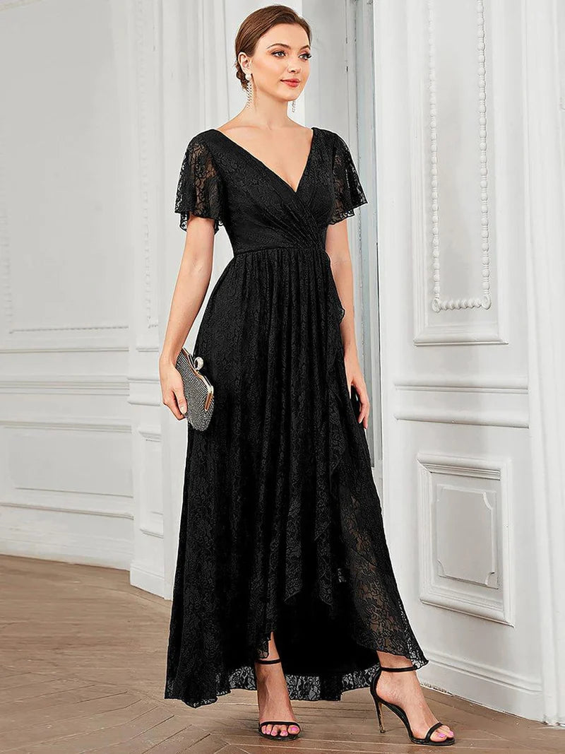 Ever Elise | V-Neck Short Sleeve Ruffled Lace Dress | Black