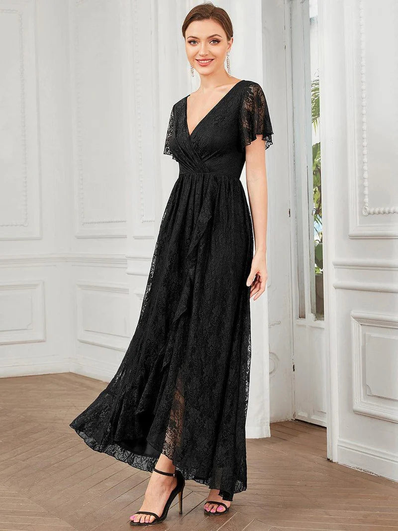 Ever Elise | V-Neck Short Sleeve Ruffled Lace Dress | Black