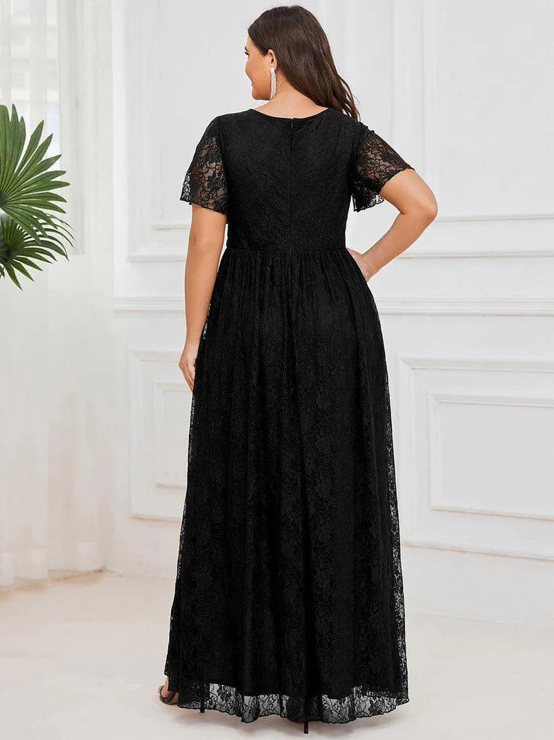 Ever Elise | V-Neck Short Sleeve Ruffled Lace Dress | Black
