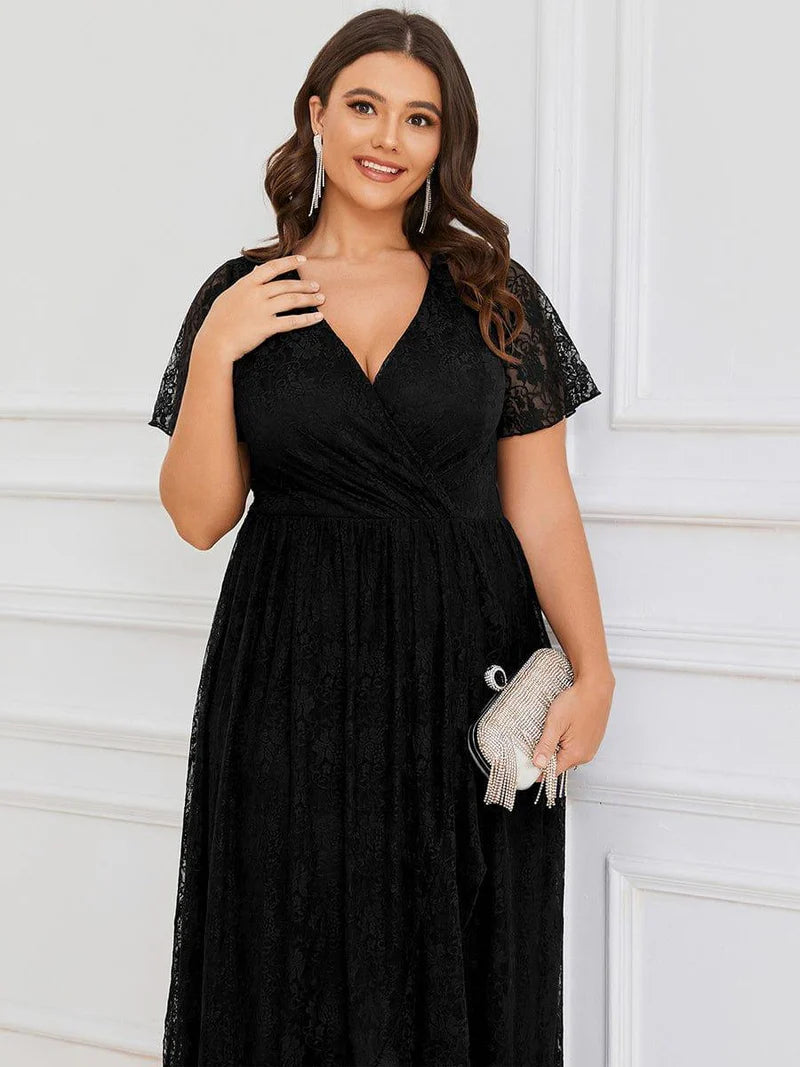 Ever Elise | V-Neck Short Sleeve Ruffled Lace Dress | Black