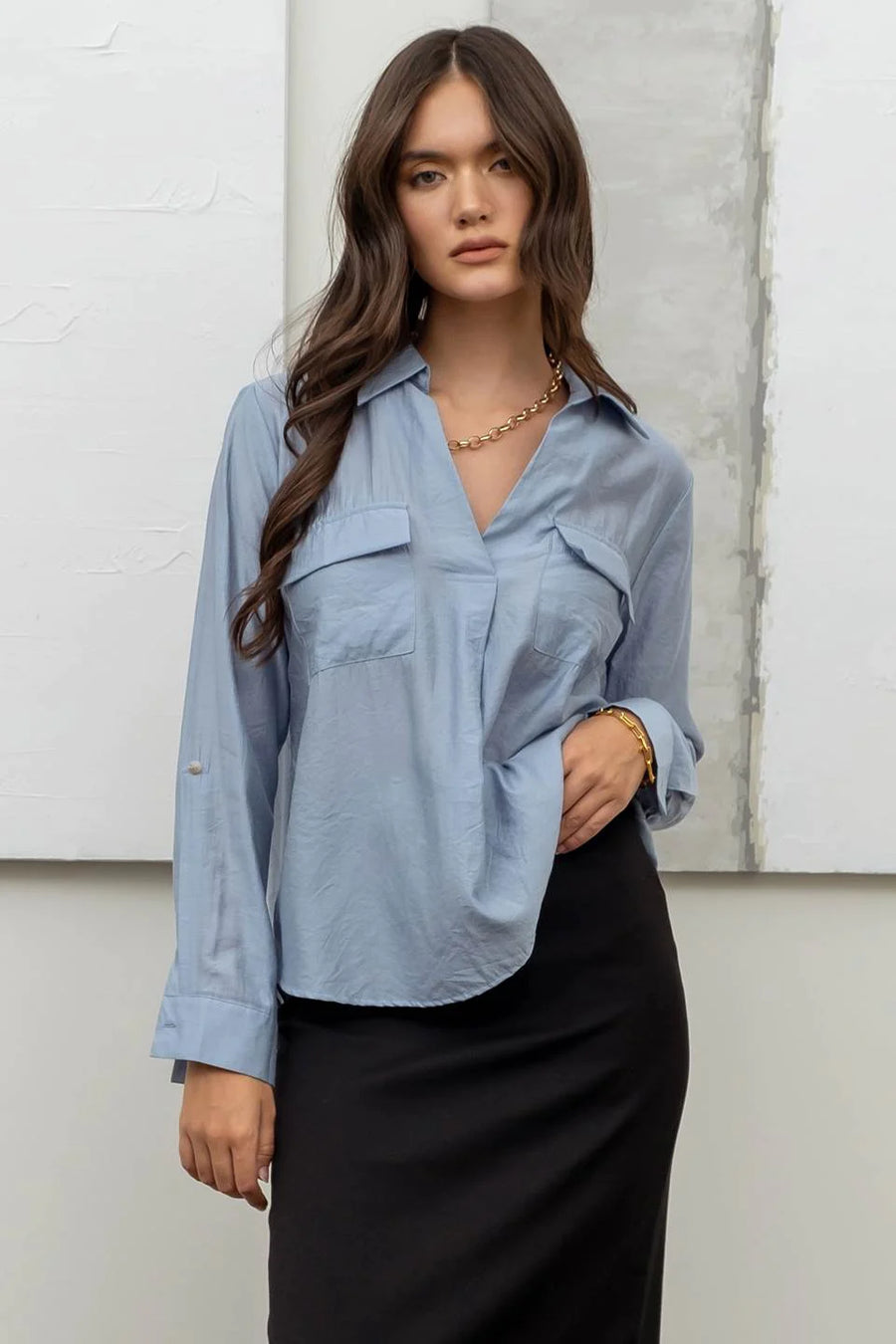 Indiana Collared Split Neck Roll-Up Sleeve Top | Chambray