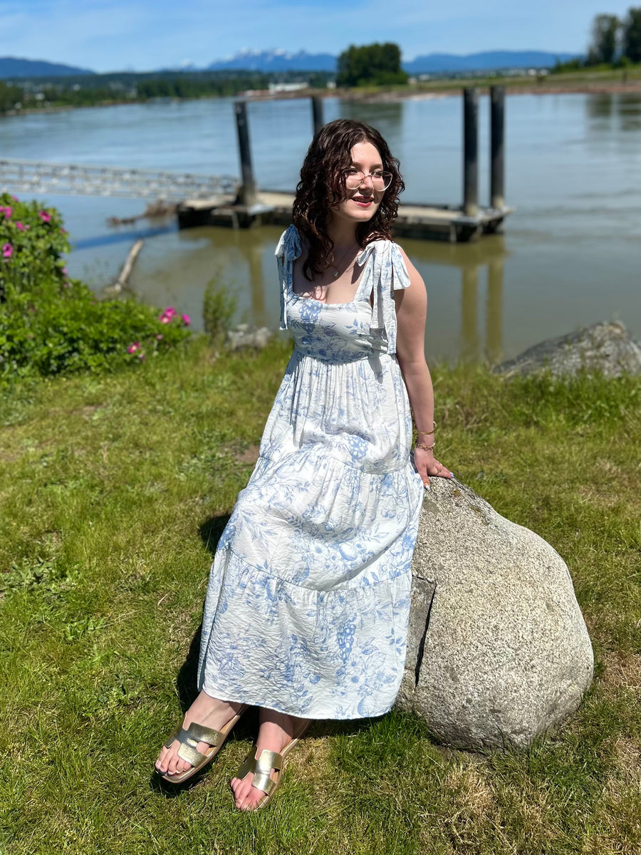 Daphne | Fruit Blossom Tiered Midi Dress | Blue