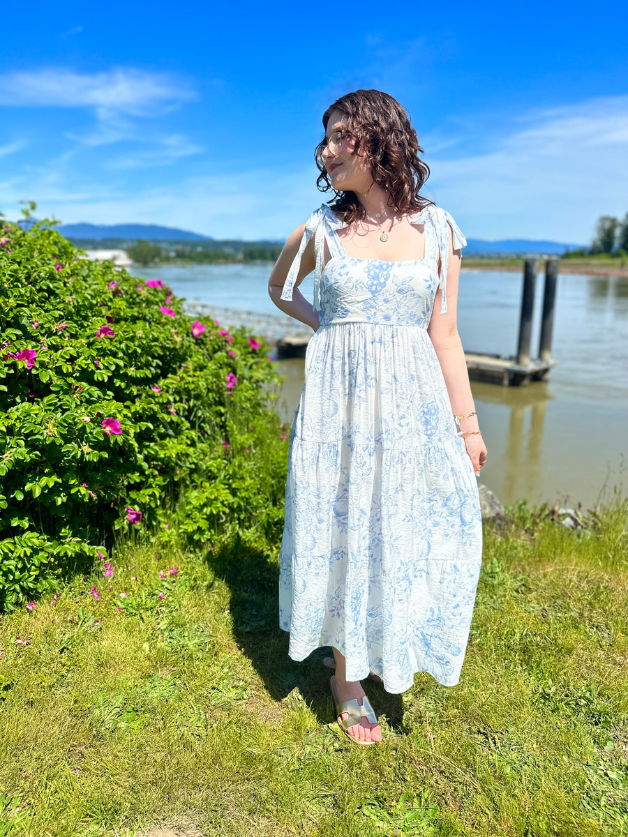 Daphne | Fruit Blossom Tiered Midi Dress | Blue