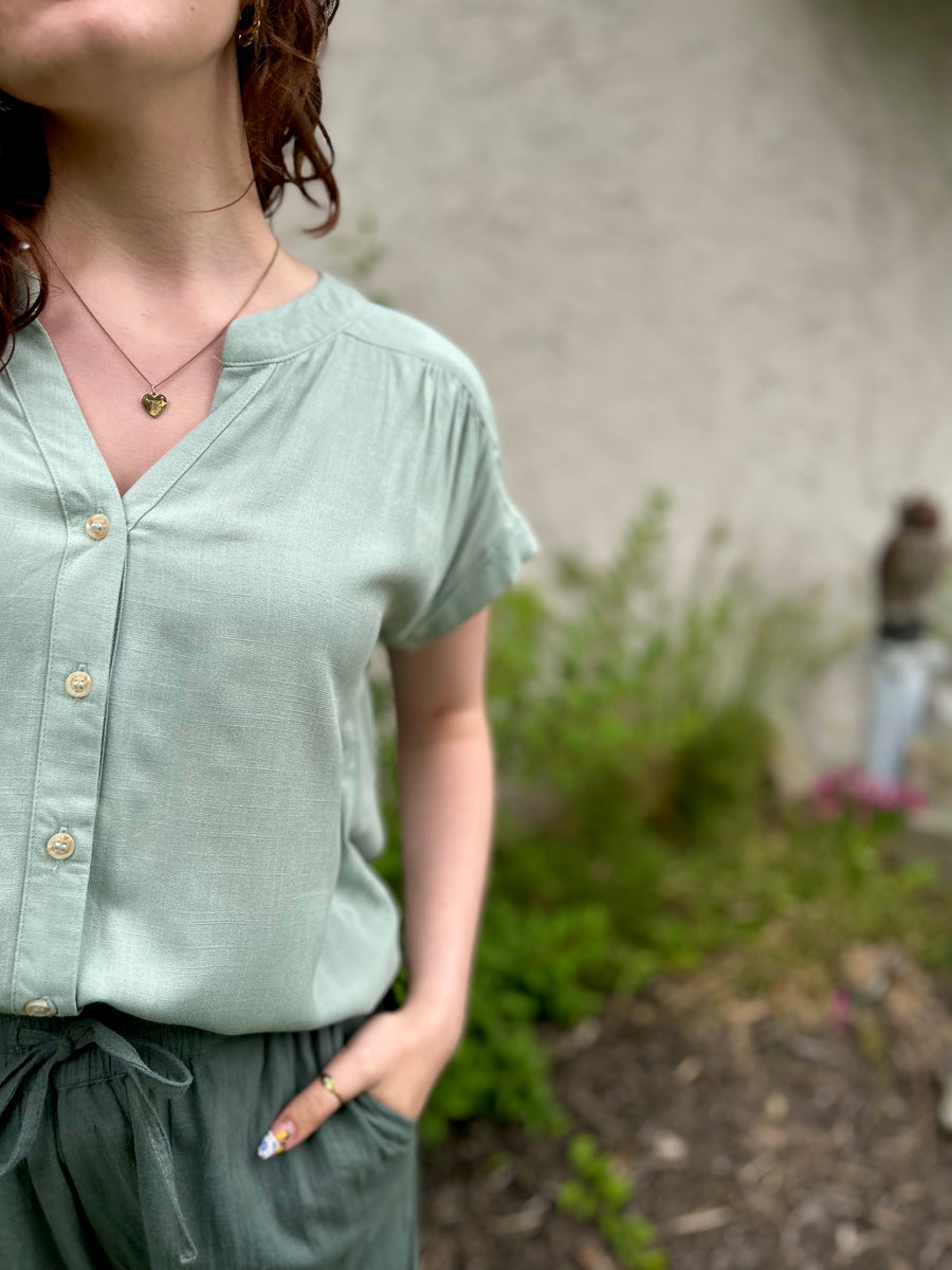 Amy Rolled Sleeve Woven Top | Sage