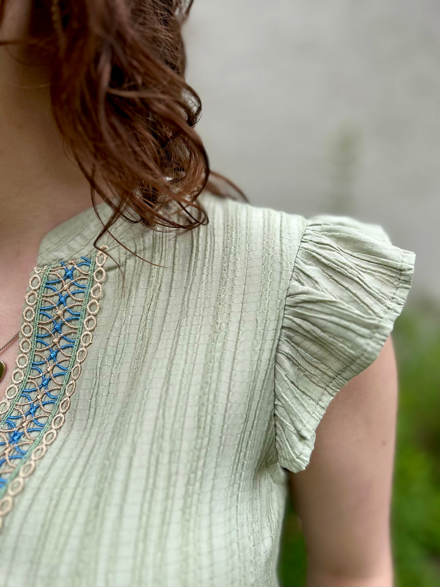Ophelia Lace Trim Crinkle Blouse | Light Olive