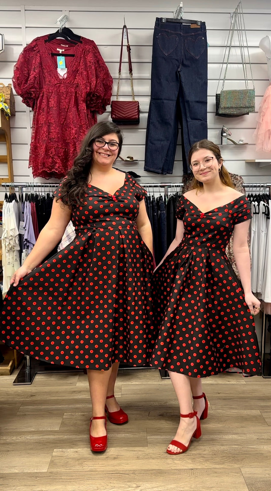 Lily | Retro Off Shoulder Swing Dress | Red Polka