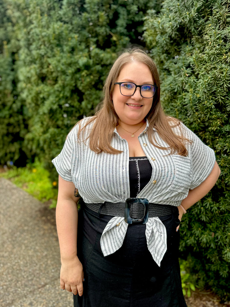 Hannah Short Sleeve Striped Button Up Shirt | Black