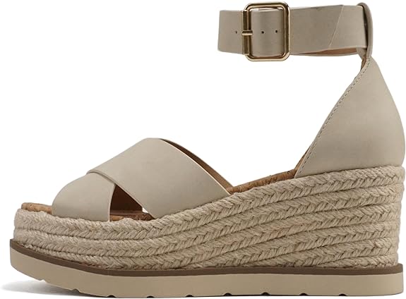 Fabian | Crisscross Band Platform Espadrille Wedge Sandals with Adjustable Ankle Strap | Light Beige