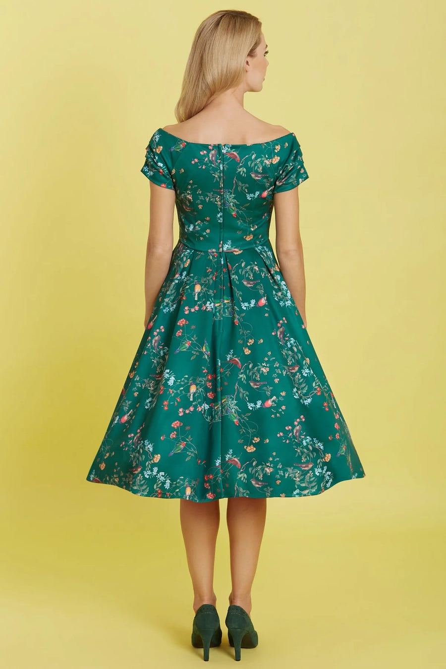 Lily | Retro Off Shoulder Swing Dress | Green Bird Forest