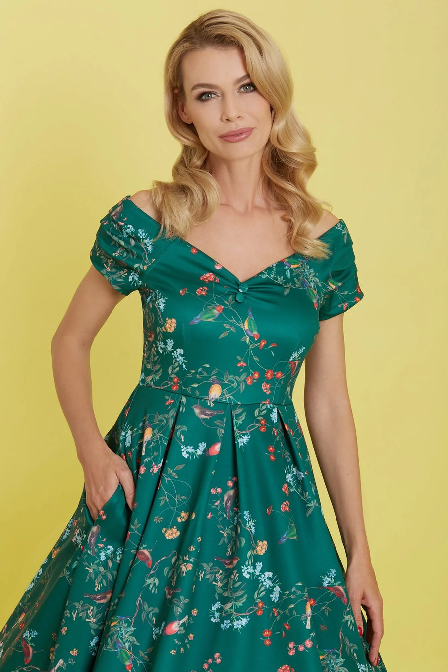 Lily | Retro Off Shoulder Swing Dress | Green Bird Forest