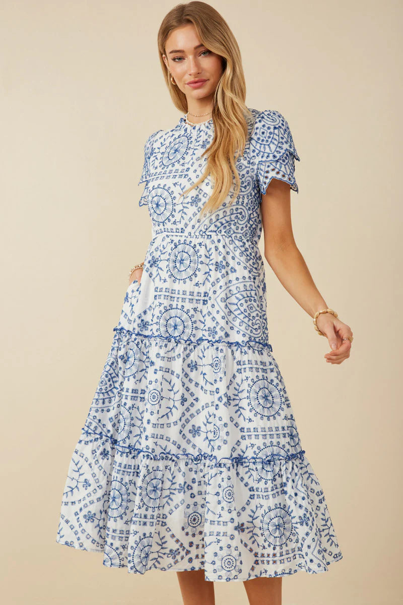 Ionian Jewel | Eyelet Lace Scallop Sleeve Midi Dress