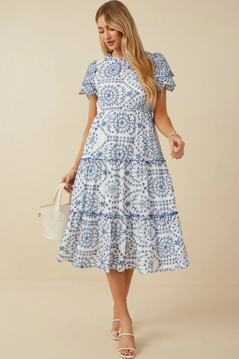 Ionian Jewel | Eyelet Lace Scallop Sleeve Midi Dress