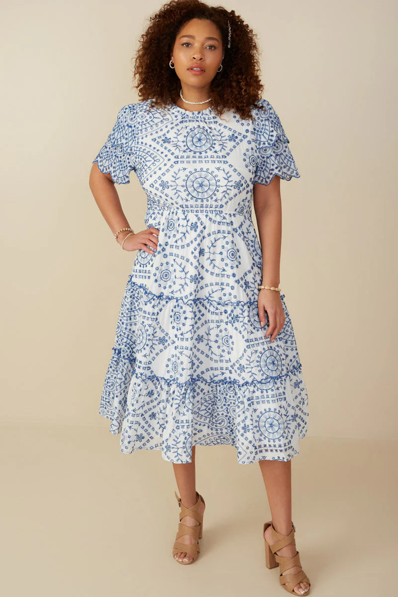 Ionian Jewel | Eyelet Lace Scallop Sleeve Midi Dress