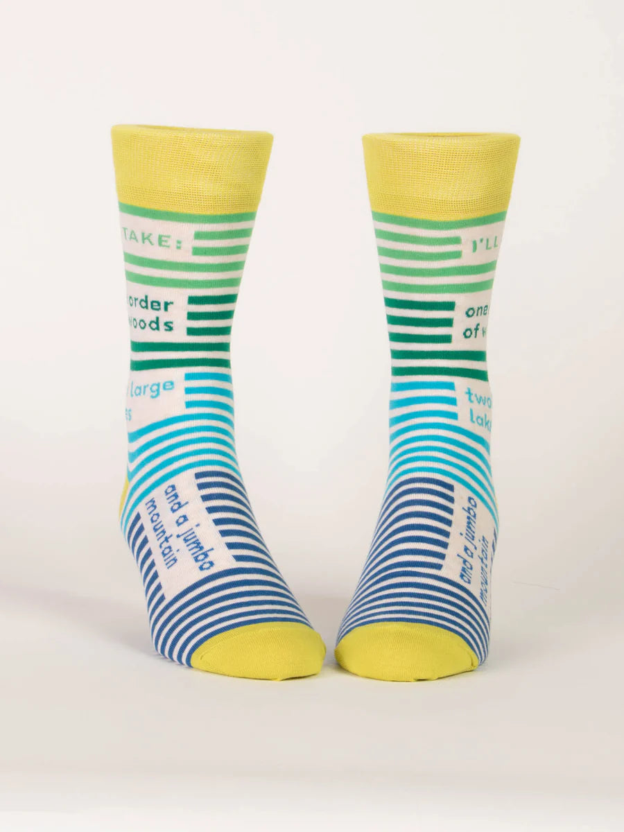 I'll Take One Order Of Woods, Two Large Lakes, And A Jumbo Mountain | Men's Crew Socks | Blue Q