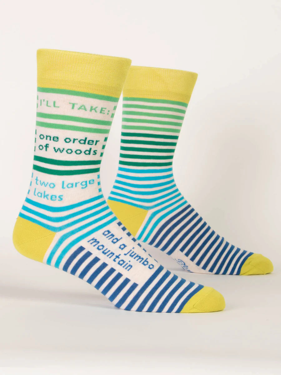 I'll Take One Order Of Woods, Two Large Lakes, And A Jumbo Mountain | Men's Crew Socks | Blue Q