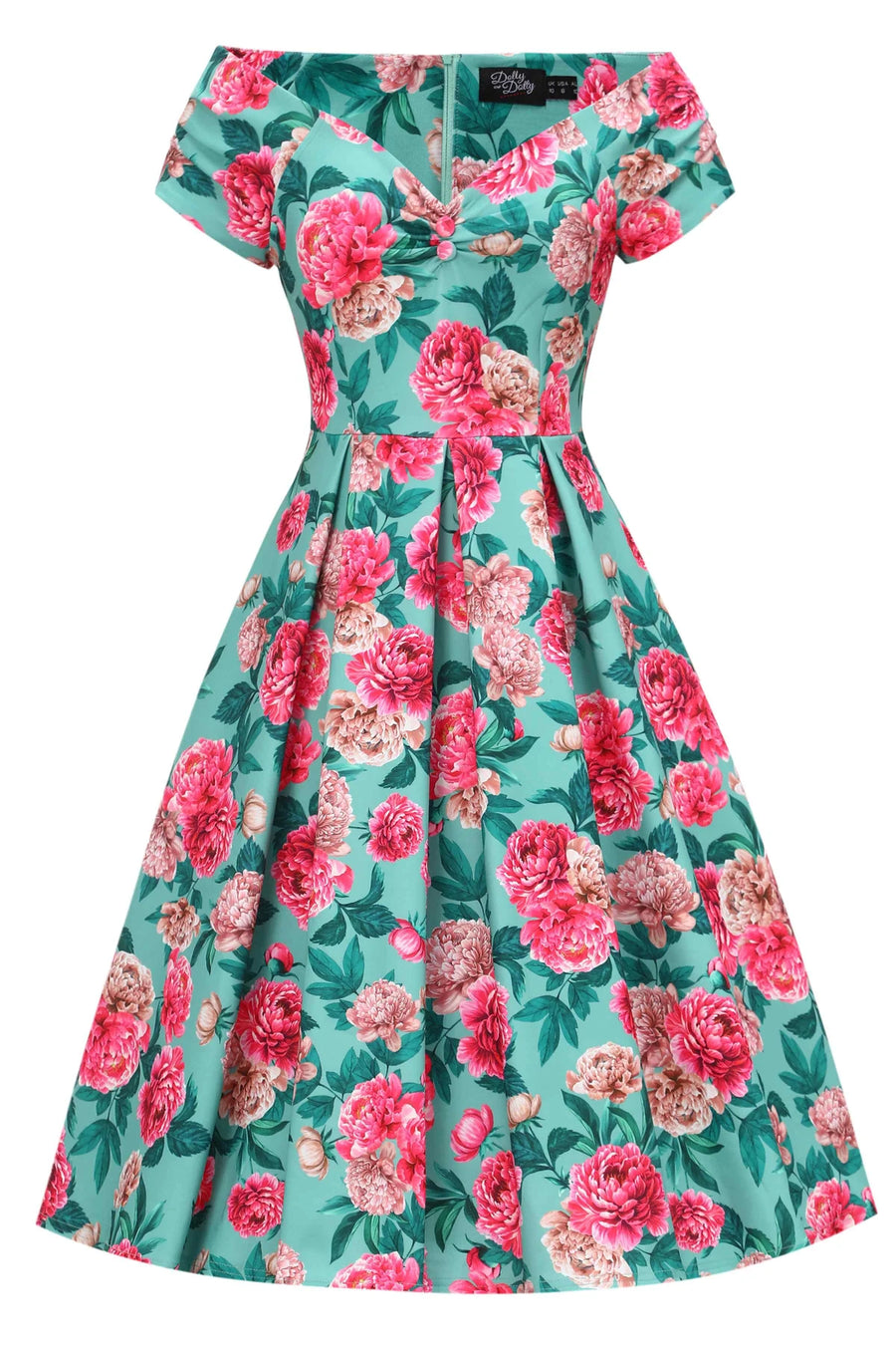Lily | Pink Peony Off Shoulder Swing Dress | Mint Green
