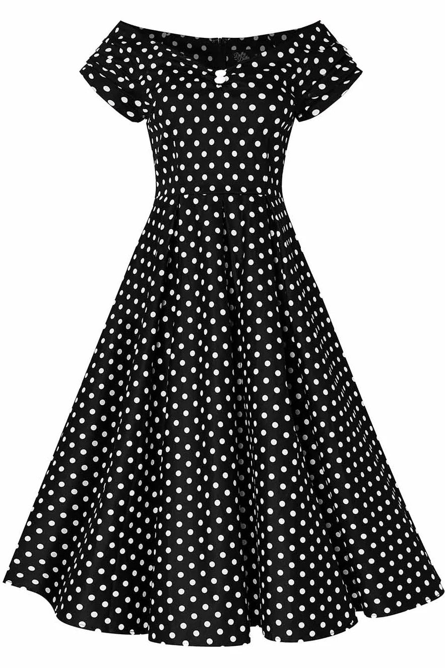 Lily | Off Shoulder Swing Dress | Black White Polka