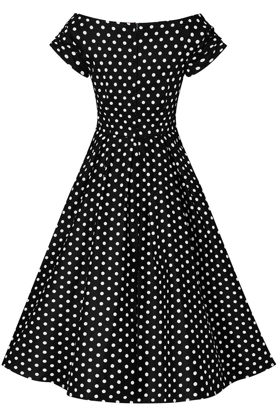 Lily | Off Shoulder Swing Dress | Black White Polka