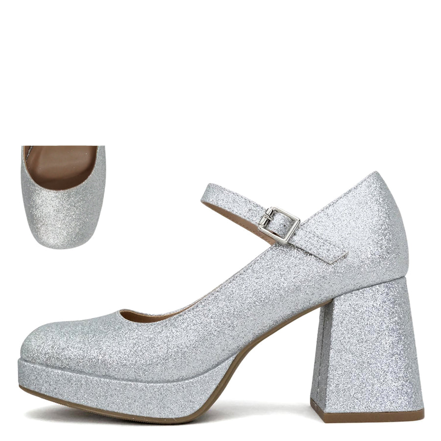 Nosta | Mary Jane Platform Pumps with Adjustable Ankle Straps | Silver Glitter