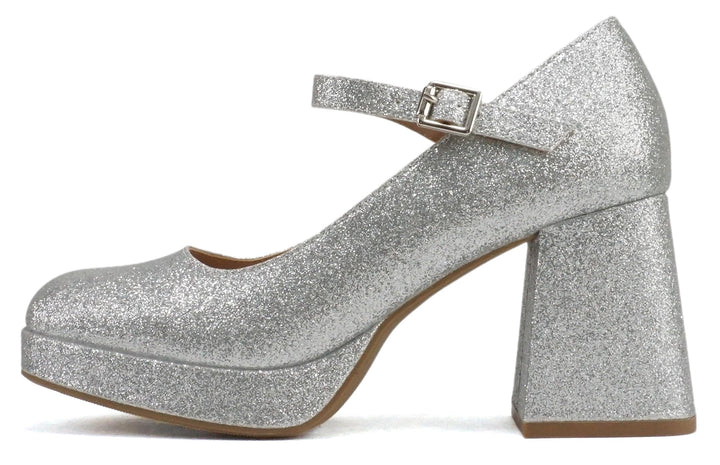 Nosta | Mary Jane Platform Pumps with Adjustable Ankle Straps | Silver Glitter