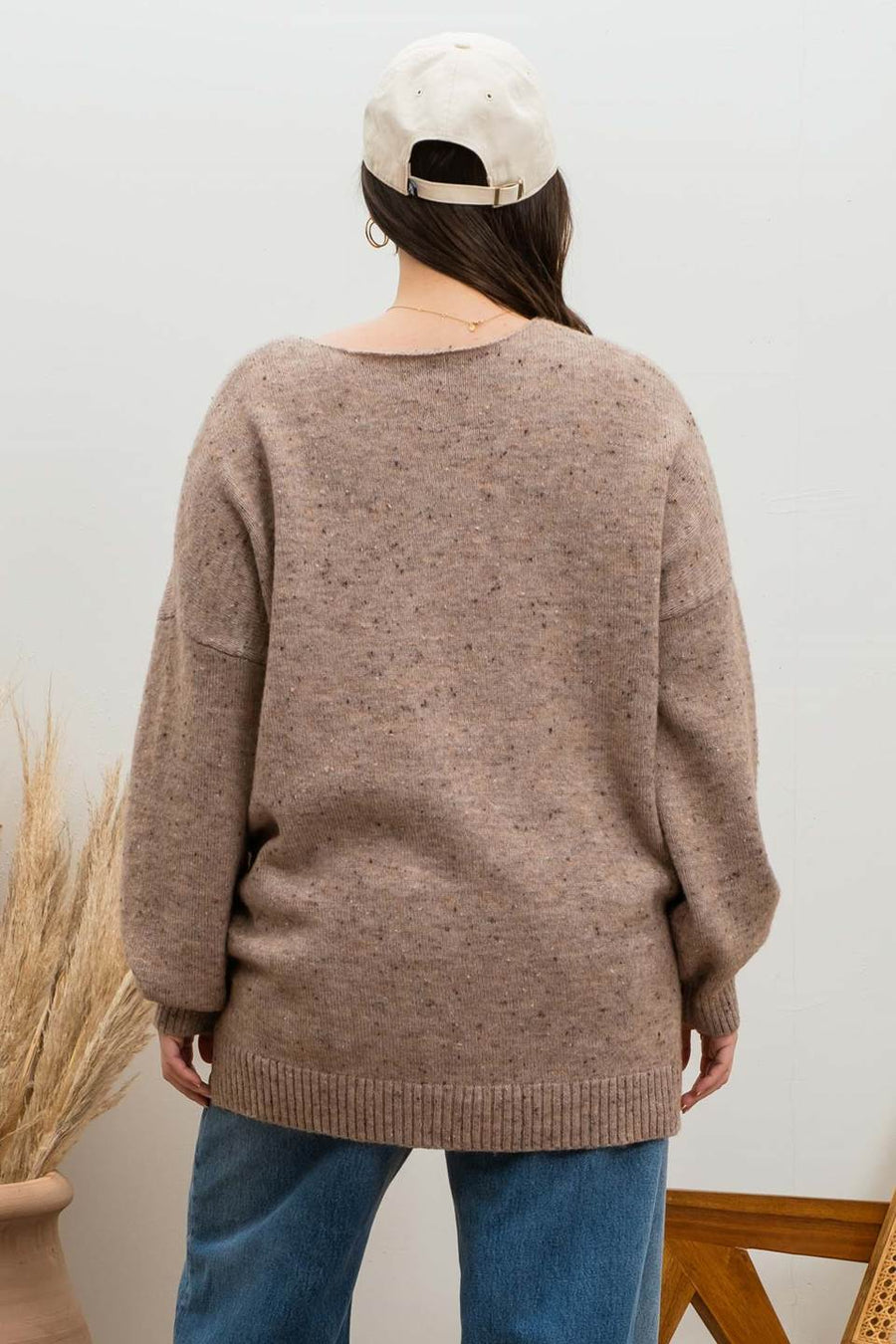 Andrea V Neck Speckled Knit Sweater | Mocha