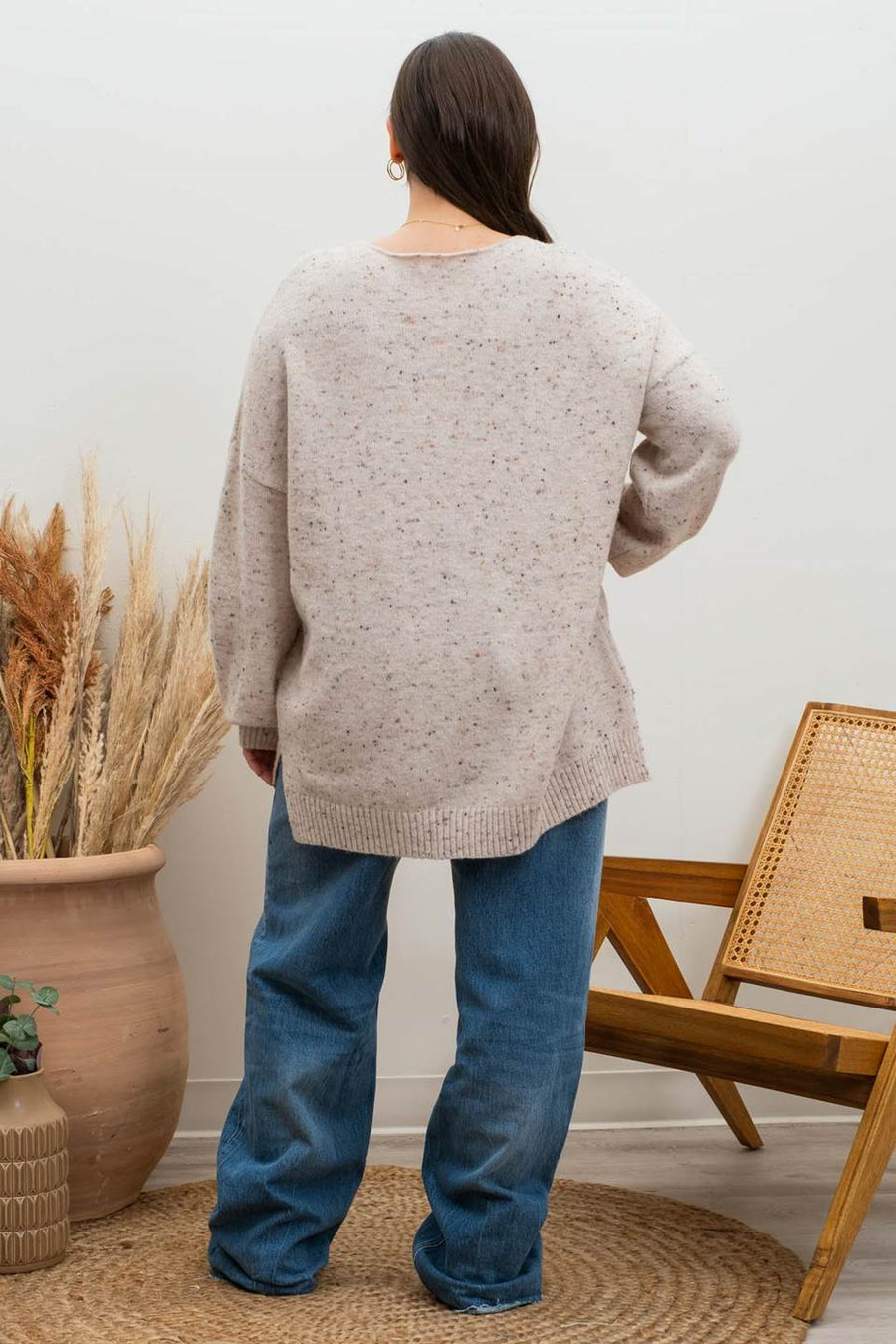 Andrea V Neck Speckled Knit Sweater | Oatmeal