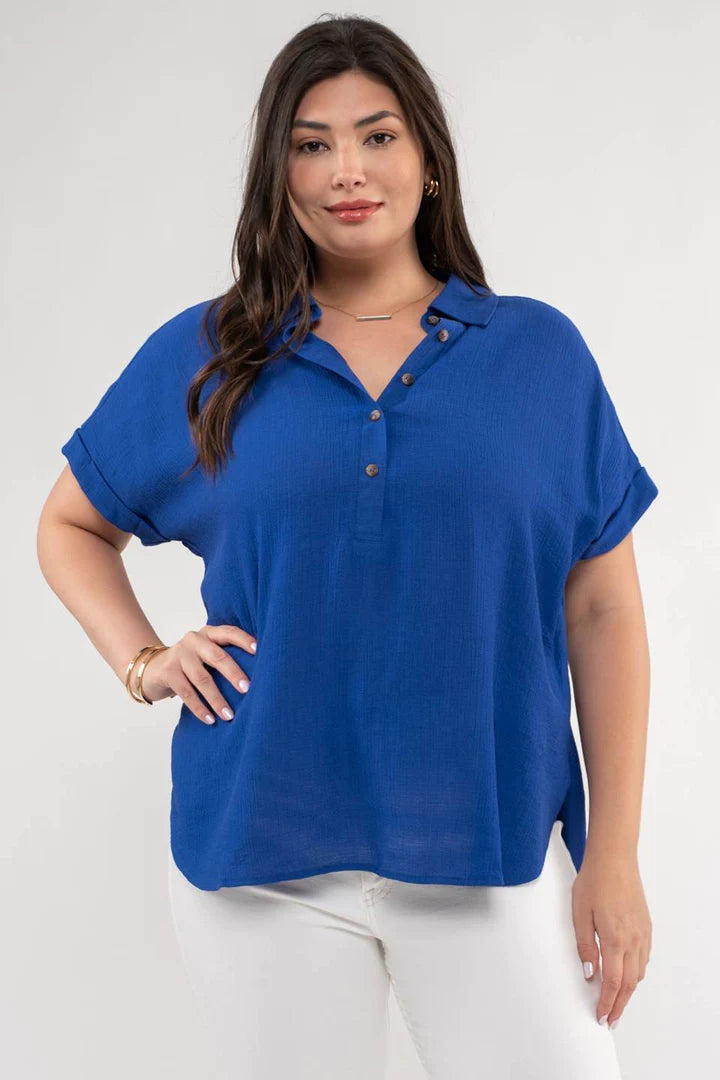 Claire Mid Button Down Woven Top | Royal Blue *ONLY 2X & 3X* *FINAL SALE*