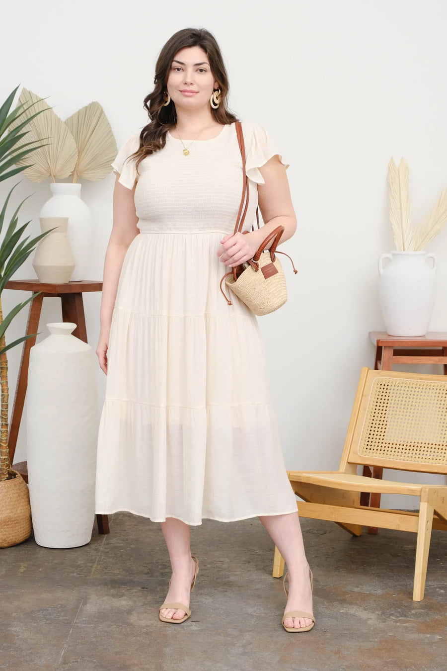 Abigail Smocked Tiered Midi Dress | Champagne The Zesty Lemon Clothing Co Abigail Smocked Tiered Midi Dress | Champagne The Zesty Lemon Clothing Co