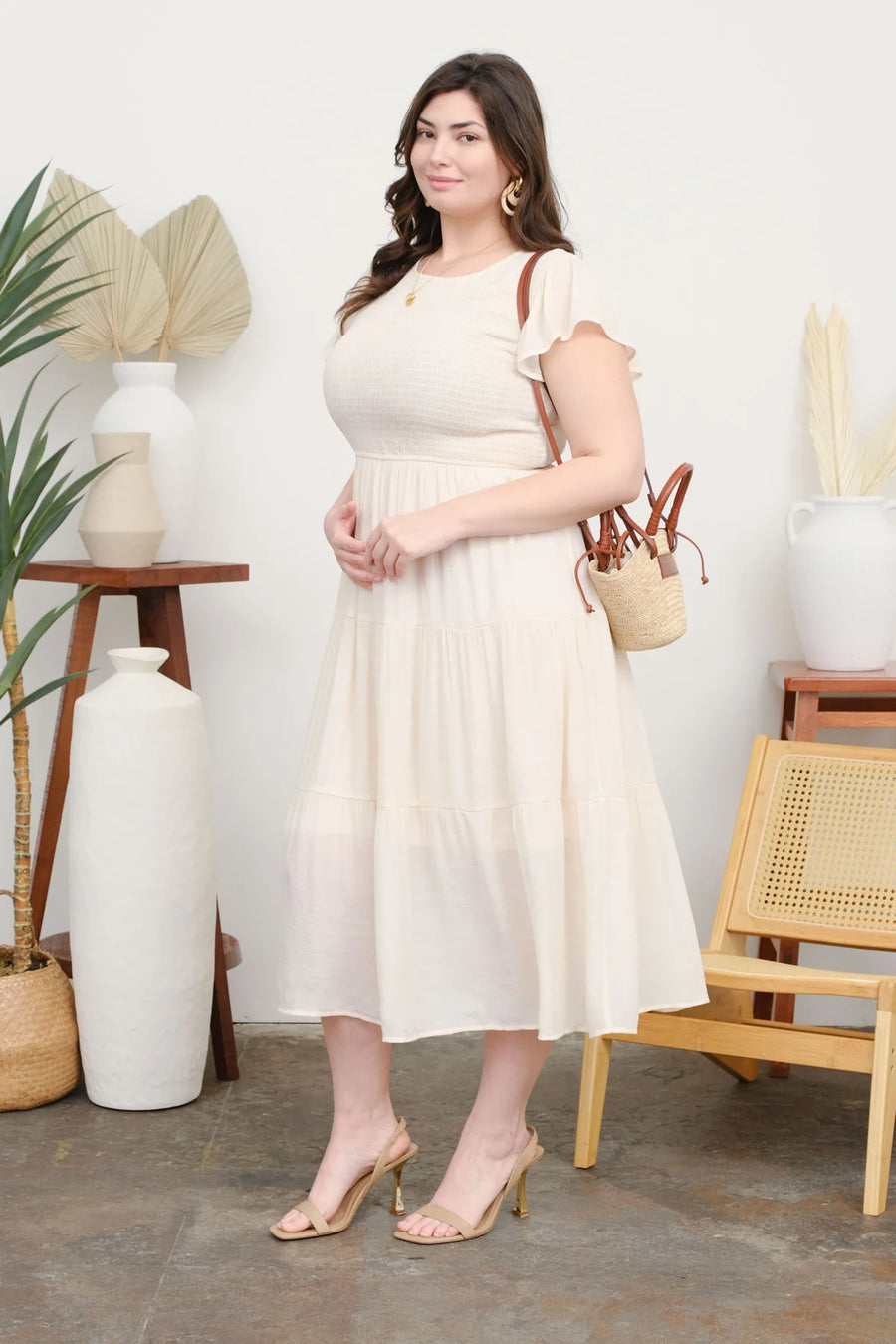Abigail Smocked Tiered Midi Dress | Champagne