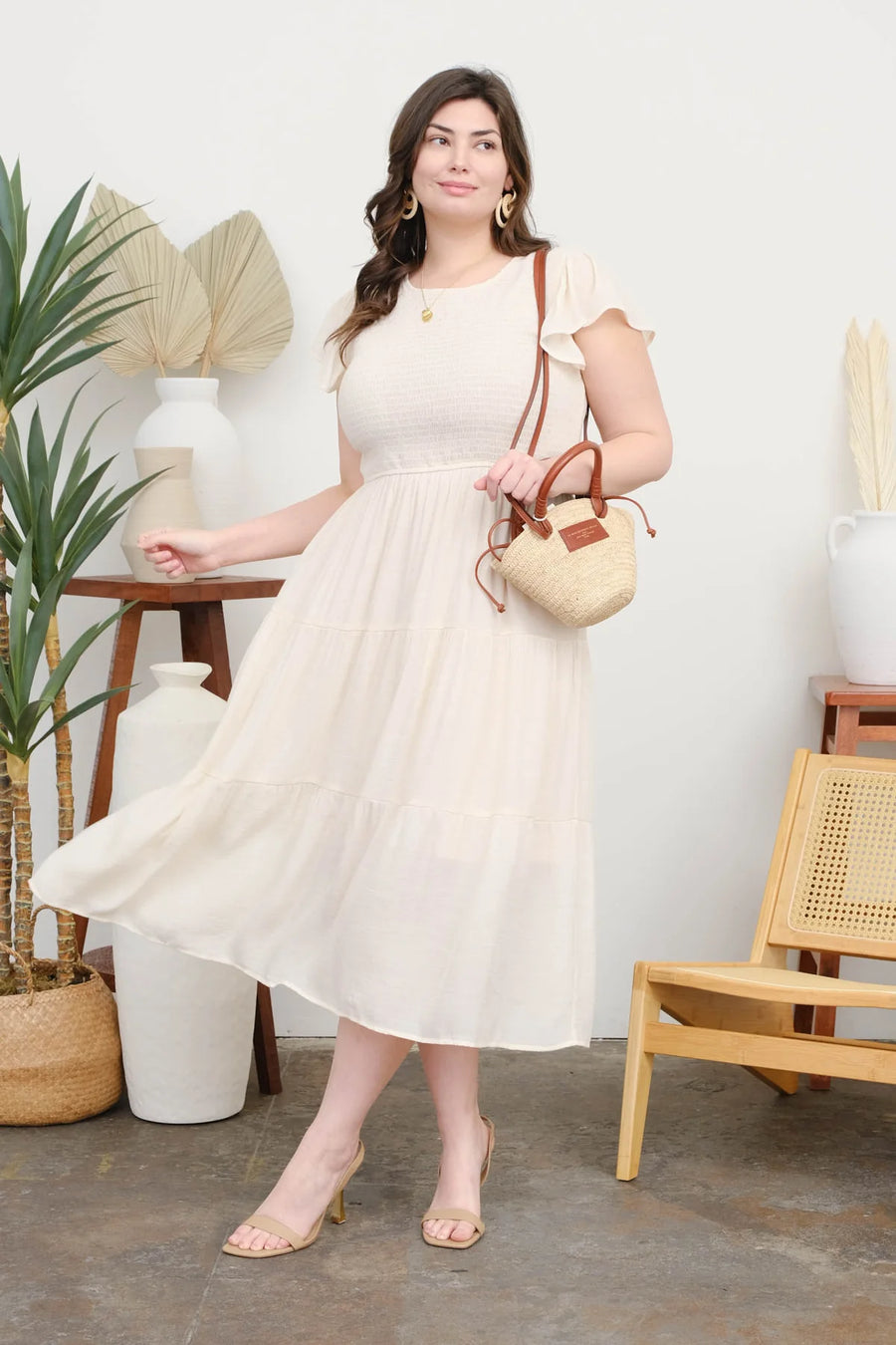 Abigail Smocked Tiered Midi Dress | Champagne