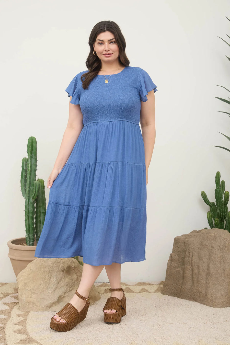 Abigail Smocked Tiered Midi Dress | Dusty Blue