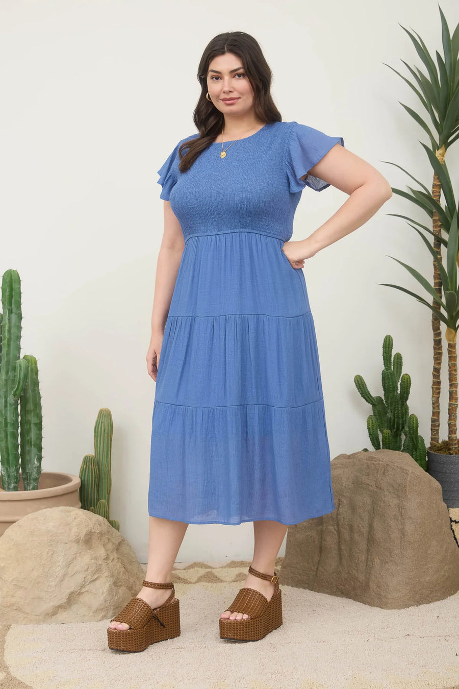 Abigail Smocked Tiered Midi Dress | Dusty Blue