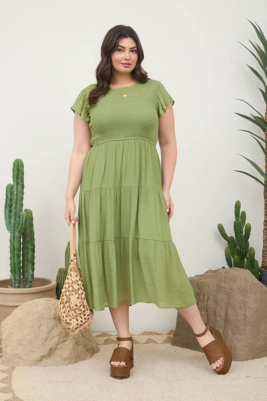Abigail Smocked Tiered Midi Dress | Olive Green