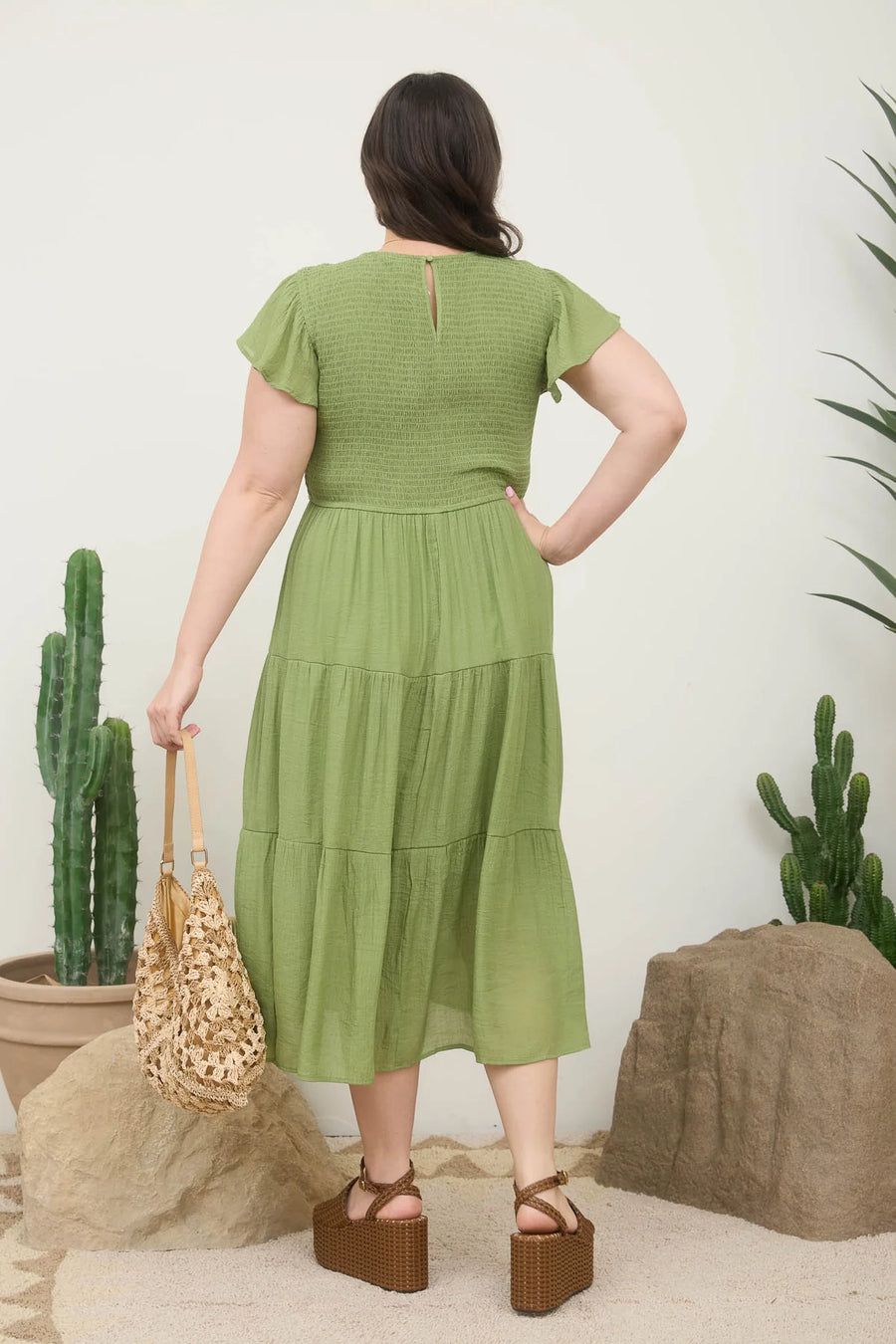 Abigail Smocked Tiered Midi Dress | Olive Green