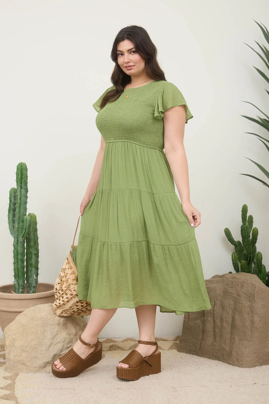 Abigail Smocked Tiered Midi Dress | Olive Green
