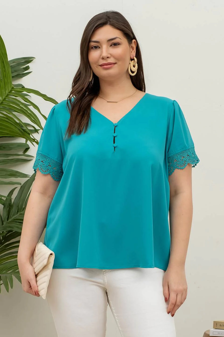 Stella Button Front Lace Sleeve Top | Teal