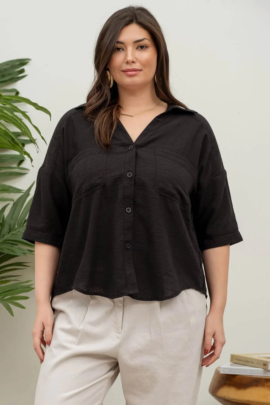 Helen | Gauze-Like Short Sleeve Button Down Shirt | Black