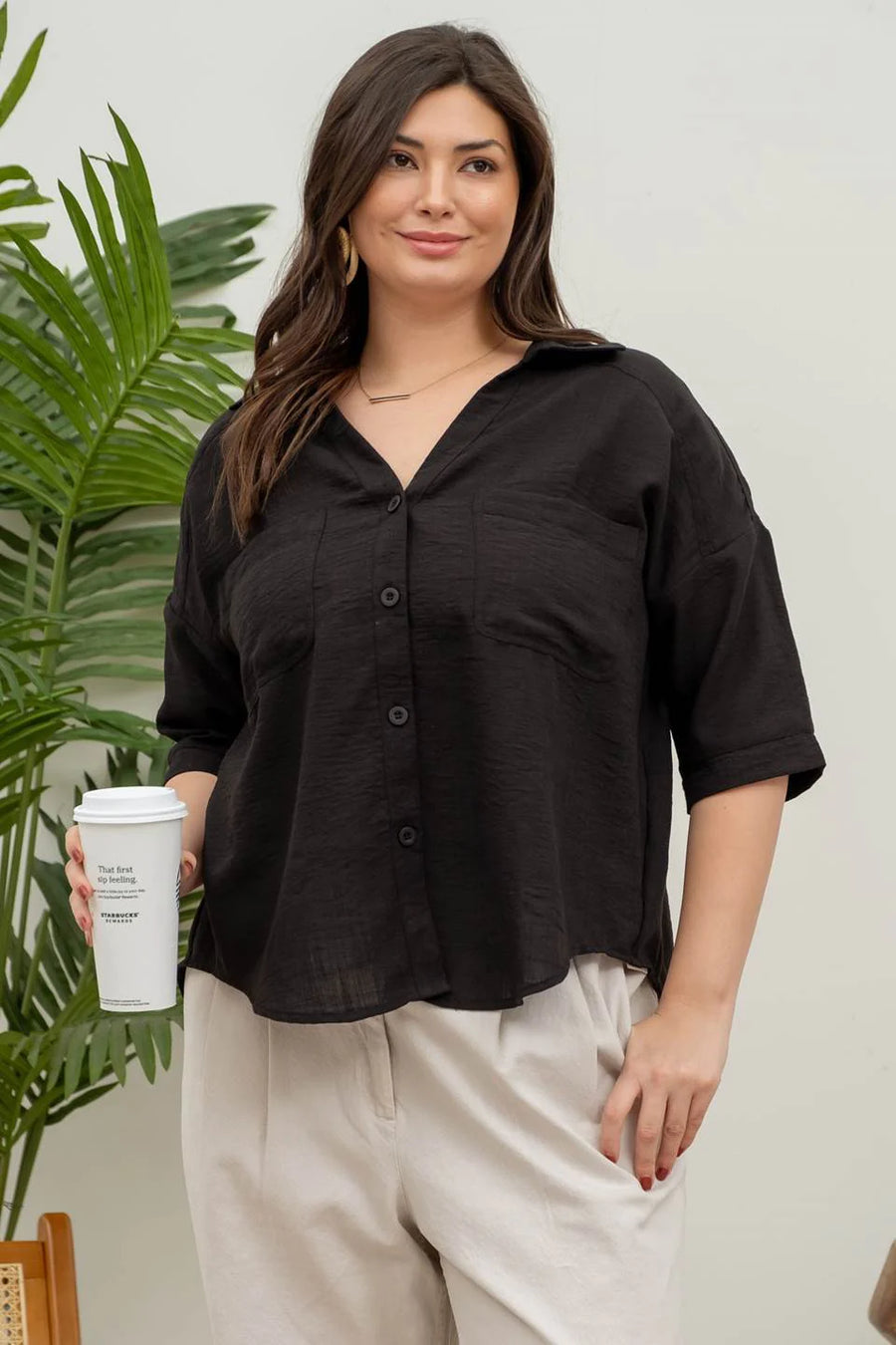 Helen | Gauze-Like Short Sleeve Button Down Shirt | Black