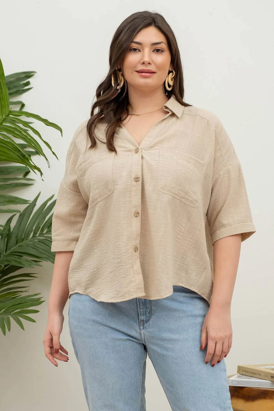 Helen | Gauze-Like Short Sleeve Button Down Shirt | Khaki