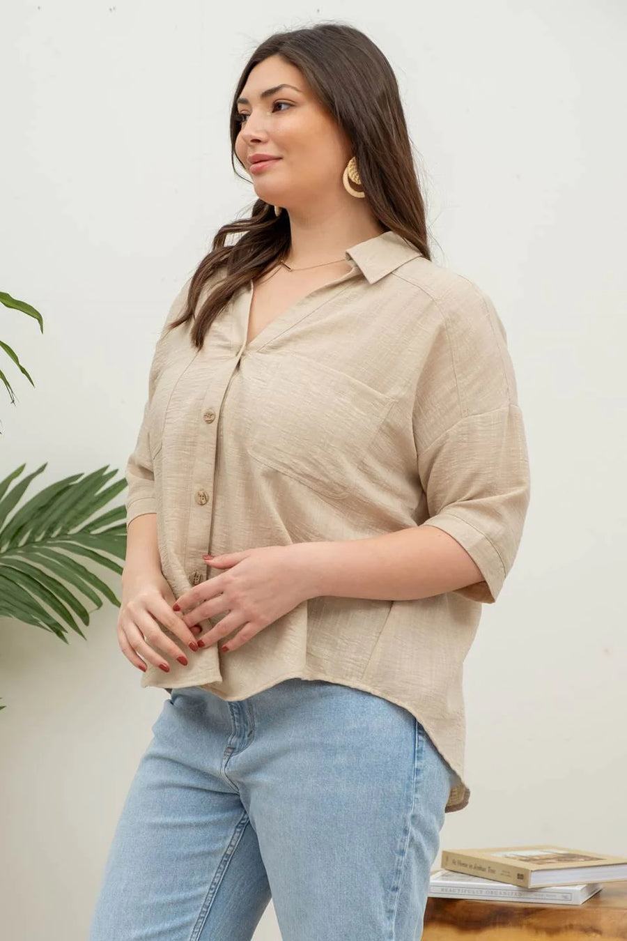 Helen | Gauze-Like Short Sleeve Button Down Shirt | Khaki