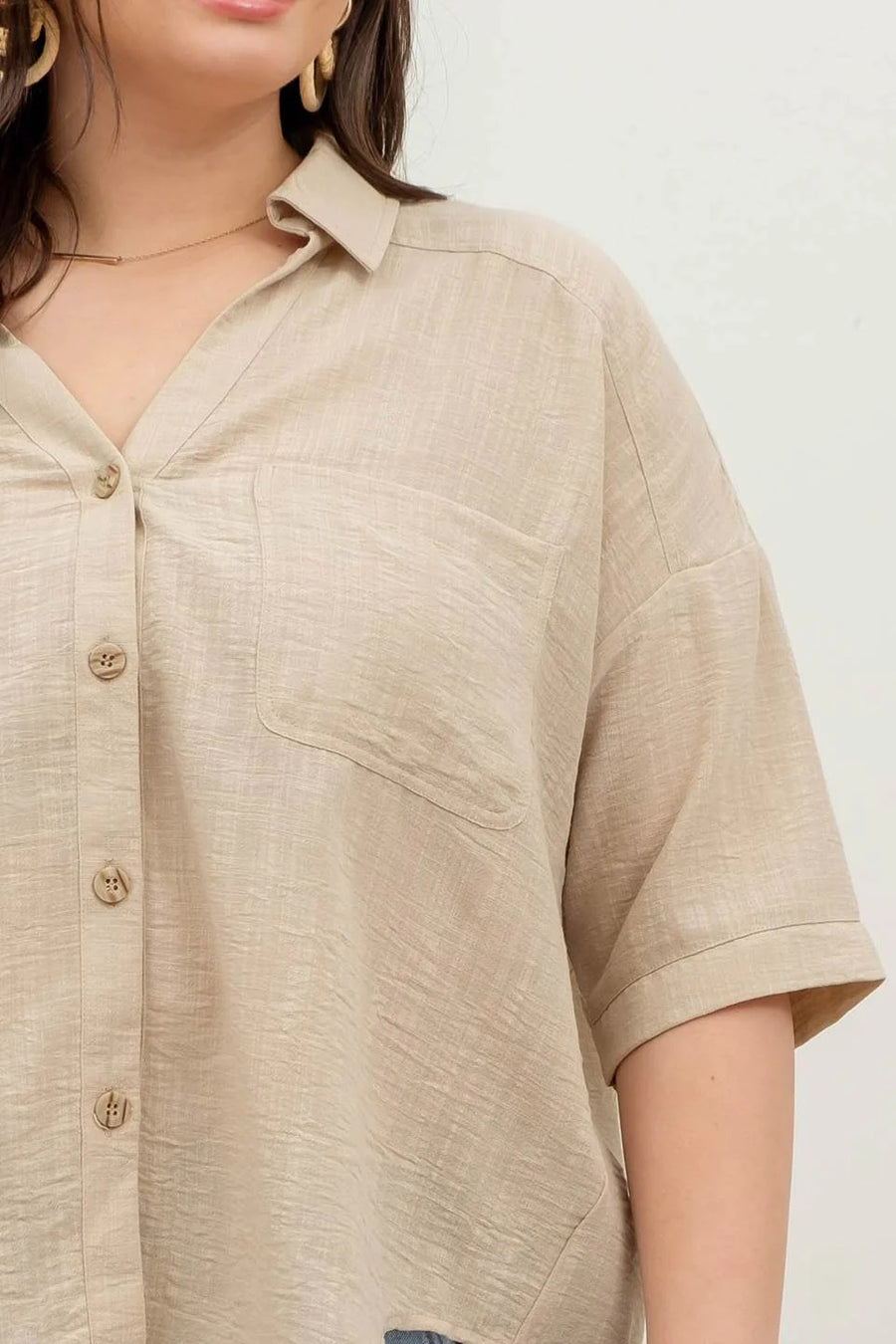 Helen | Gauze-Like Short Sleeve Button Down Shirt | Khaki