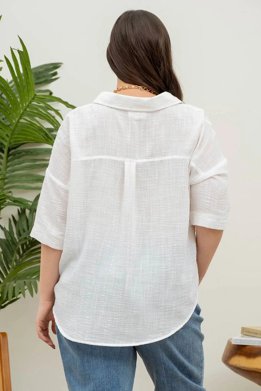 Helen | Gauze-Like Short Sleeve Button Down Shirt | White