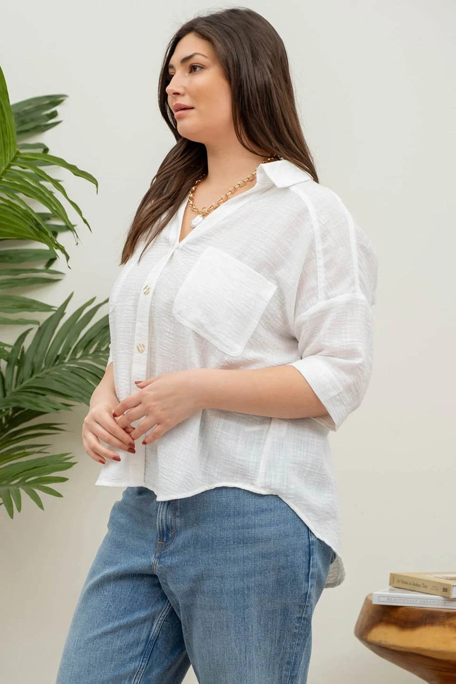 Helen | Gauze-Like Short Sleeve Button Down Shirt | White