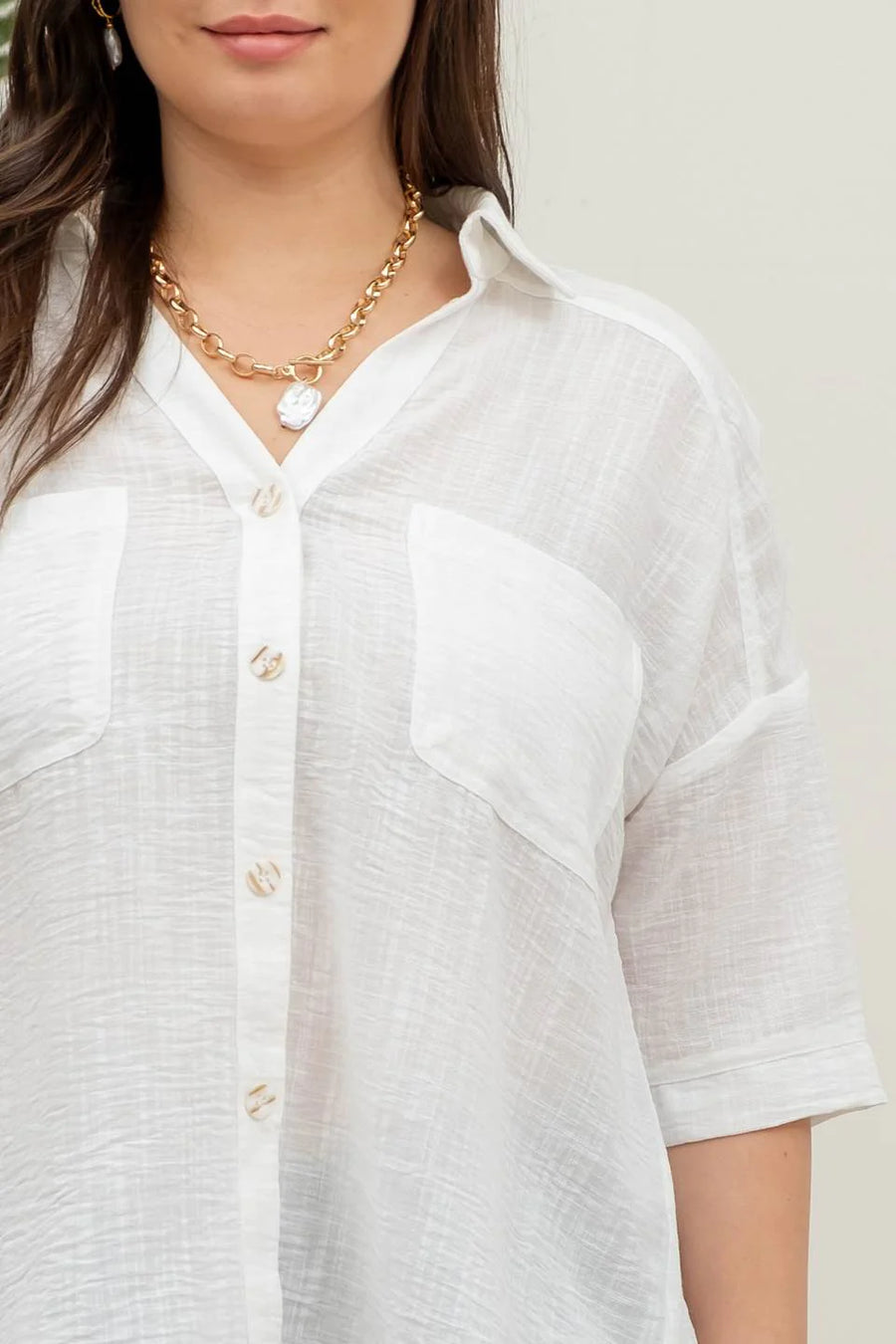 Helen | Gauze-Like Short Sleeve Button Down Shirt | White