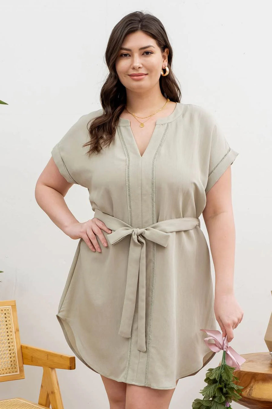 Marina | Split Neck Belted Mini Dress | Olive *ONLY 2X & 3X LEFT* *FINAL SALE*