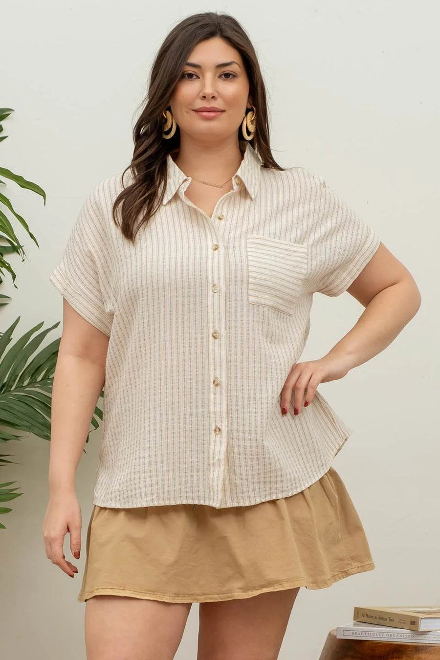 Hannah Short Sleeve Striped Button Up Shirt | Khaki *FINAL SALE*