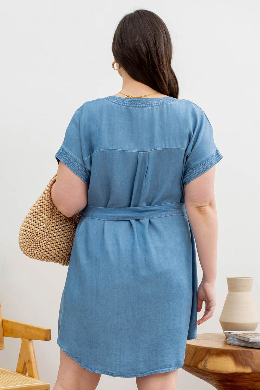 Jolene Split Neck Belted Mini Dress | Chambray