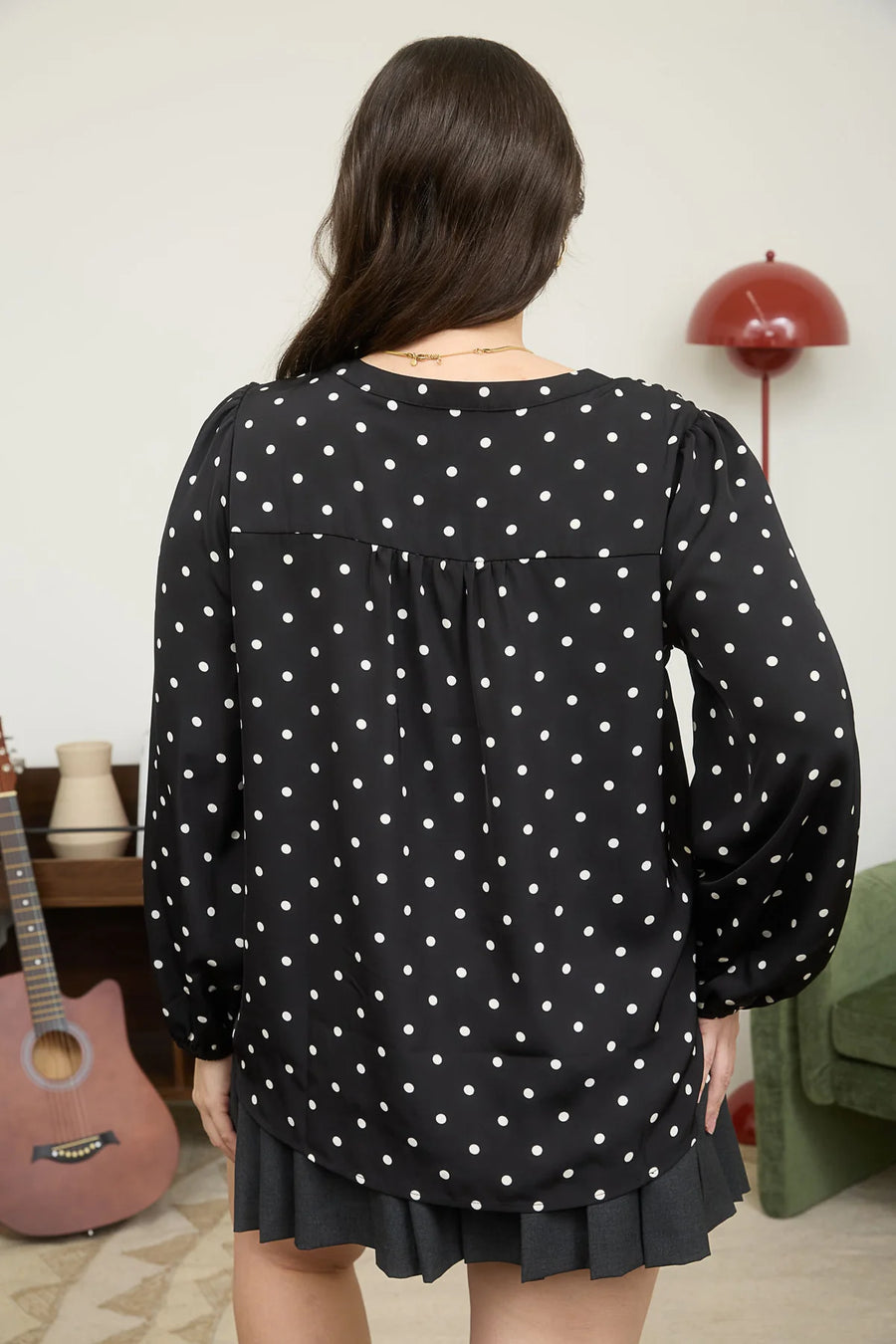 A La Mode | Polka Dot Henley Neckline Long Sleeve Blouse | Black