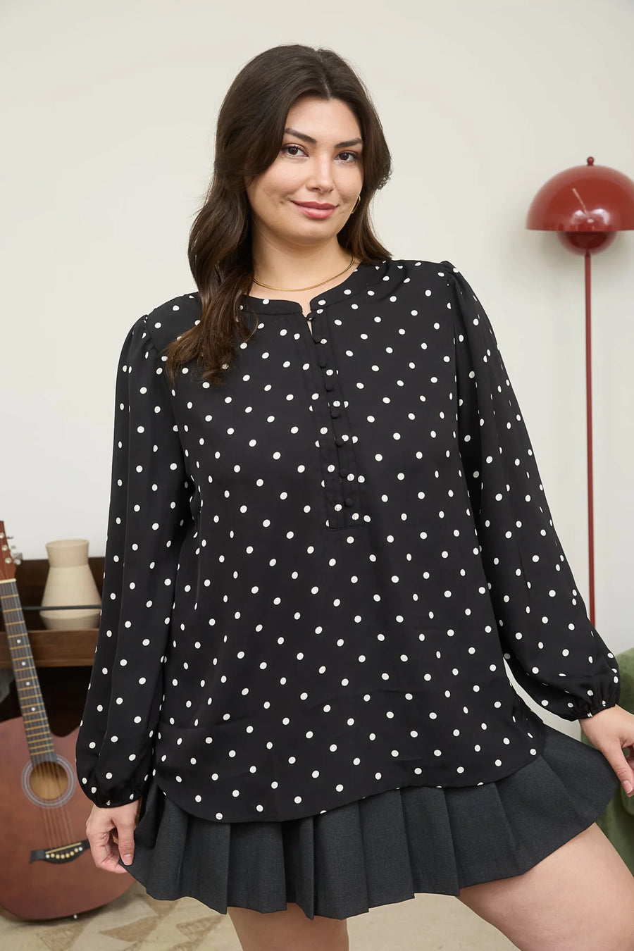 A La Mode | Polka Dot Henley Neckline Long Sleeve Blouse | Black